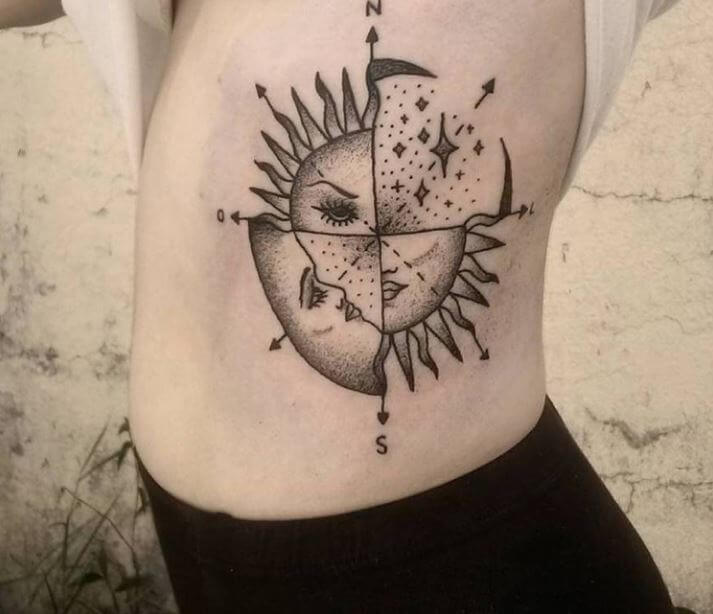 Compass Sun And Moos Tattoos Design Ribcage