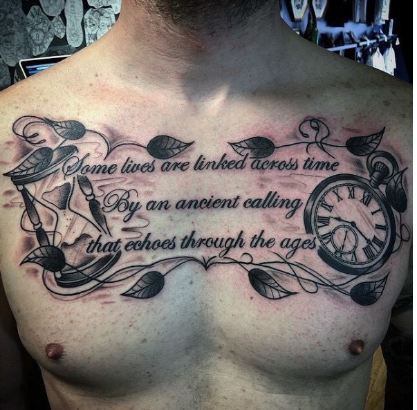Pocket Watch Tattoos Design With Quotes On Chest