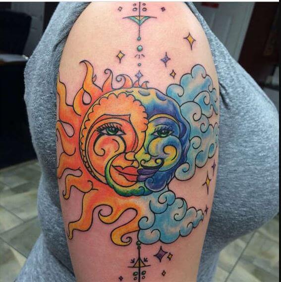 Watercolor Sun And Moon Tattoos Design On Arms