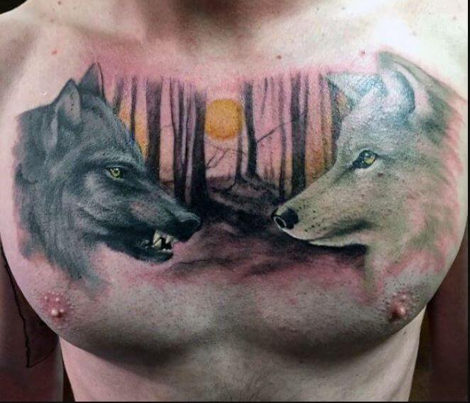 Traditional Wolf Chest Tattoo