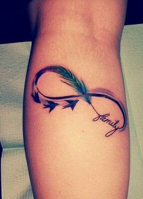 Infinity Feather Family Calf Tattoos