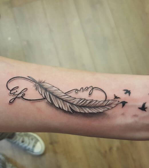 Small Feather And Infinity Tattoo On Forearm